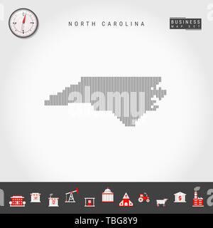 Vertical Lines Pattern Map of North Carolina. Striped Simple Silhouette of North Carolina. Realistic Compass. Business Infographic Icons. Stock Photo