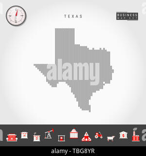 Vertical Lines Pattern Map of Texas. Striped Simple Silhouette of Texas. Realistic Compass. Business Infographic Icons. Stock Photo