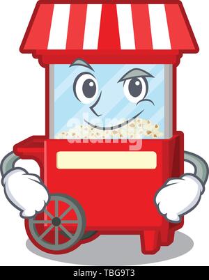 Smirking popcorn machine next to cartoon table Stock Vector