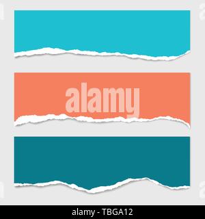 Three stripes of colored torn paper with shadow and with space for text, suitable for infographic or header - isolated on gray background - vector Stock Vector