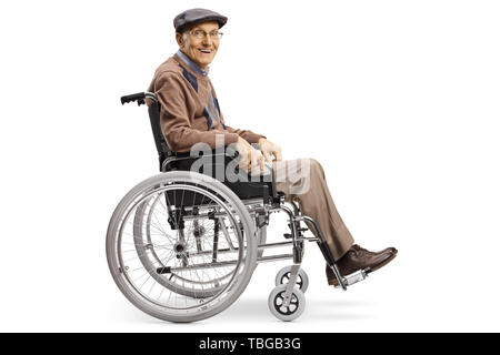Full length shot of a senior man in a wheelchair smiling at the camera isolated on white background Stock Photo