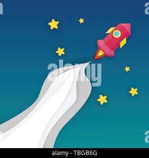 Rocket launching into infinity space. Business start up and growth concept. Paper art and digital craft theme. Stock Vector