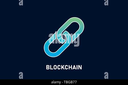 Blockchain logo on dark black background. Abstract symbol of linked chain and with text. Modern technology concept. Vector illustration for company lo Stock Vector
