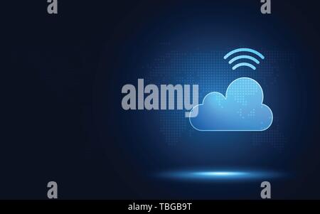 Futuristic blue cloud with wireless signal digital transformation abstract technology background. Artificial intelligence and big data concept. Indust Stock Vector