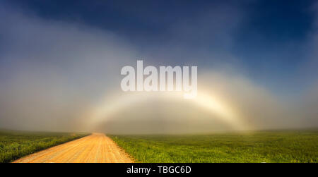 Rare White Rainbow Fogbow near the path Stock Photo