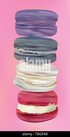 3d realistic macaroons in pink background. Set colorful french sweet in motion. Differend french macaroons. Falling macaroons. Vector illustrator. Stock Vector