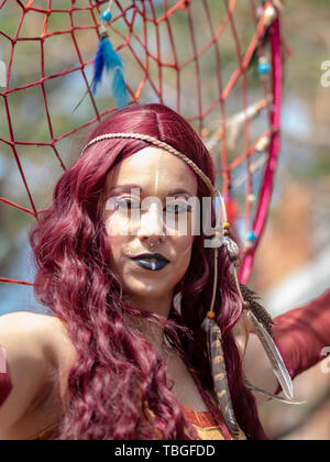 May 01, 2019 City of El Alamo, Guadalajara, Spain, Medieval market. The inhabitants of the City of El Alamo disguise themselves and perform in the str Stock Photo