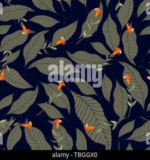 Tropical Floral Print On Dark Bright Flowers, Color Cannabis Pattern 