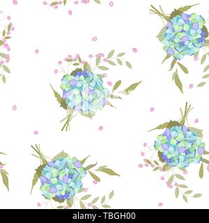 Retro watercolour style floral design. Colorful spring seamless wallpaper with hydrangea flowers. Vector hand drawn illustration set. Stock Vector