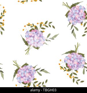 Retro watercolour style floral design. Colorful spring seamless wallpaper with hydrangea flowers. Vector hand drawn illustration set. Stock Vector