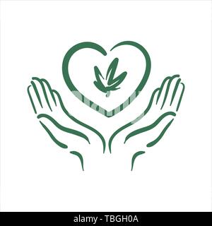 Vector hand drawn cannabis charity heart with hands illustration on white background Stock Vector