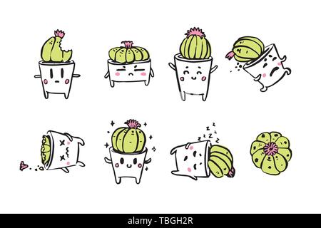 Cute little cacti character emotions illustration set Stock Vector