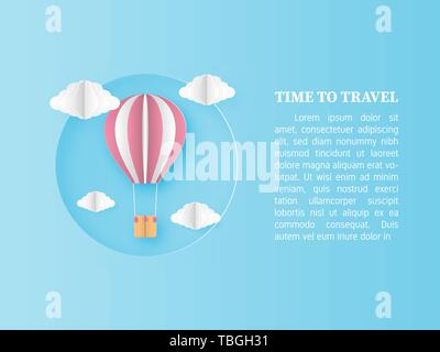 Time to travel background concept. Creative vector illustration paper cut style. Hot air balloon floating in blue sky with clouds and space for text d Stock Vector
