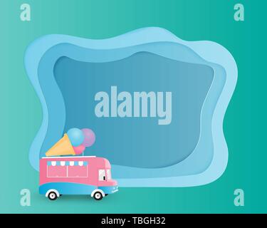 Ice cream van on green paper cut background. Summer background concept for wallpaper, poster, brochure, flyer, banner template, summer advertising. Stock Vector