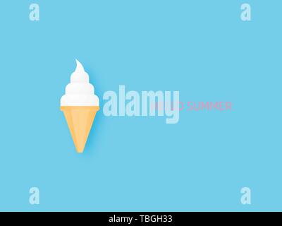 Sweet milk ice cream cone on blue background paper cut style. Digital craft paper art minimalism style for wallpaper, poster, brochure, flyer, banner  Stock Vector
