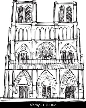 Hand drawn vector illustration or drawing of Nortre Dame cathedral Stock Vector