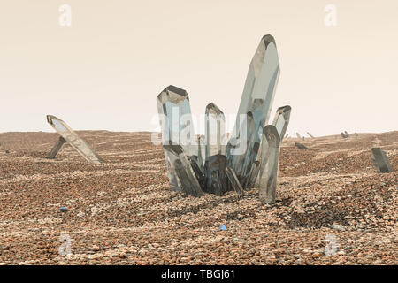 A cluster of magic crystal gather together in the desert, 3d rendering. Computer digital background. Stock Photo