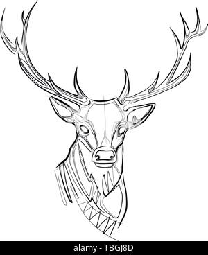 Hand drawn vector ink illustration or drawing of a deer head Stock Vector