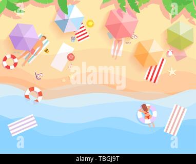 Vector top view of people relaxing on the tropical beach paradise with umbrellas, swim ring, surfboards Stock Vector