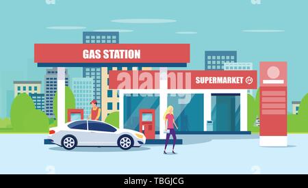 Vector of gas station, supermarket and fueling car Stock Vector