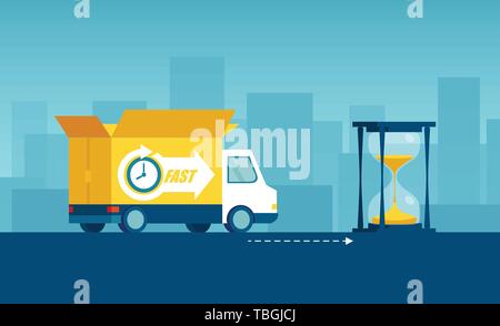 Fast delivery service concept. Vector of a truck with open box container and hourglass as symbol of fast shipping. Stock Vector