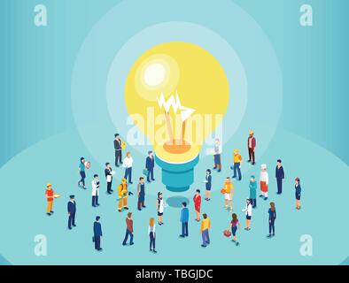 Vector of diverse people brainstorming big idea. Casual men and women standing around light bulb. Stock Vector