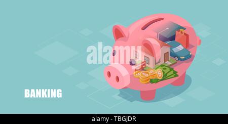 Vector of a piggy bank with dream home, car, education loan and cash savings inside Stock Vector