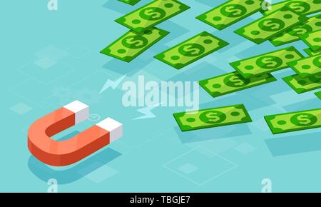 Vector of a magnet attracting money dollar banknotes. New investment opportunities concept Stock Vector