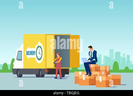 Vector of a businessman selling products online using fast delivery services. Online e-commerce, shipping concept. Stock Vector