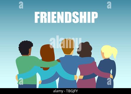 Happy friendship  concept. Vector of a diverse friend group of people hugging together Stock Vector