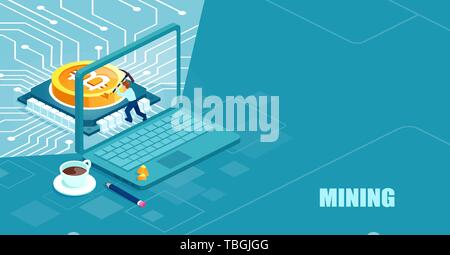 Isometric vector for bitcoin mining and cryptocurrency exchange. Stock Vector