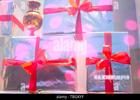 gift boxes with red ribbons. toned image Stock Photo