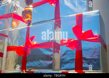 gift boxes with red ribbons. toned image Stock Photo