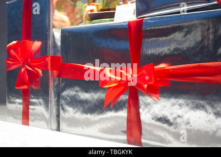 gift boxes with red ribbons. toned image Stock Photo