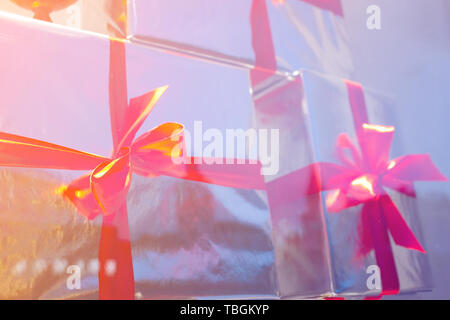 gift boxes with red ribbons. toned image Stock Photo