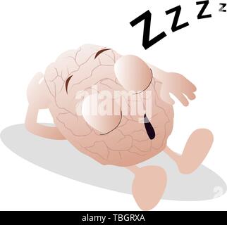Character mascot brain sleeping rest. Cartoon brain head sleep, rest mind, funny emoji, cerebellum illustration vector Stock Vector
