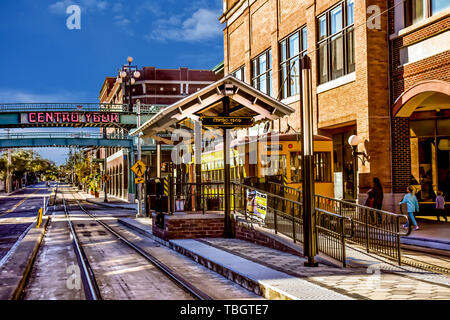 Ybor City Tampa Bay, Florida. January 19 , 2019 . Streetcar Station and Centro Ybor sign. Stock Photo