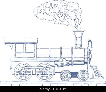 Sketch Of An Old Steam Engine With A Boiler, A Flywheel And A Piston 