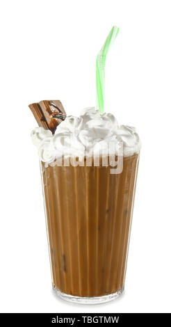 Iced coffee cocktail or frappe with ice cubes and cream in different  glasses with jezva, silver shaker, bottle of rum, coffee beans around on  white ma Stock Photo - Alamy