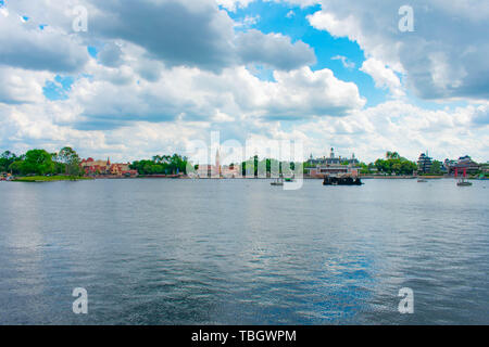 Orlando, Florida . March 27, 2019.  Panoramic view of Germany, Italy , America and Japan Pavilions on cloudy sky background at Epcot in Walt Disney Wo Stock Photo