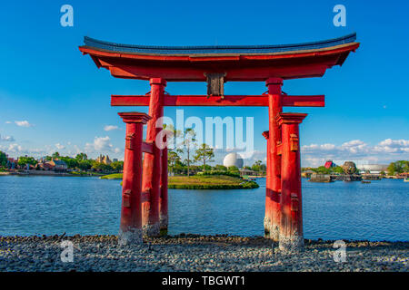 Orlando, Florida . March 27, 2019. Beautiful view of Japan Pavilion , blue lake and sphere at Epcot in Walt Disney World  (3) Stock Photo