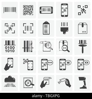Barcode related icons set on background for graphic and web design. Simple illustration. Internet concept symbol for website button or mobile app. Stock Vector