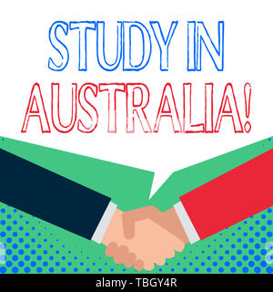 Word writing text Study In Australia. Business photo showcasing going into foreign country order complete your studies Just two men hands shaking show Stock Photo