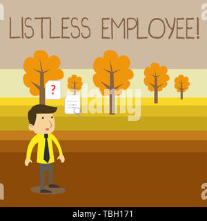 Text sign showing Listless Employee. Business photo showcasing an employee who having no energy and enthusiasm to work Young Male Businessman Office W Stock Photo