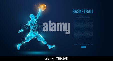 Abstract basketball player from particles, lines and triangles on blue background. All elements on a separate layers, color can be changed to any othe Stock Vector