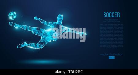 Abstract soccer player, footballer from particles on blue background. All elements on a separate layers, color can be changed to any other. Low poly n Stock Vector