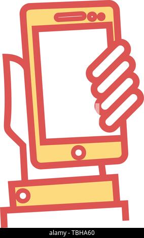 Mobile phone in hand icon - vector linear fill Stock Vector