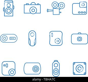 Camera icons set linear style - blue color line art camera - vector Stock Vector