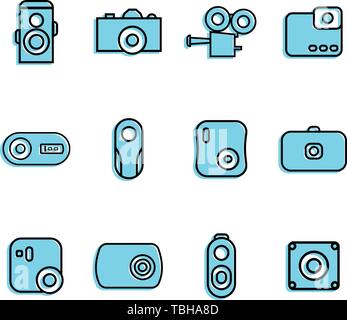 Camera icons set linear fill style - vector illustration Stock Vector