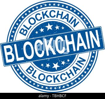 Blockchain blue round grungy rubber web stamp Stock Vector